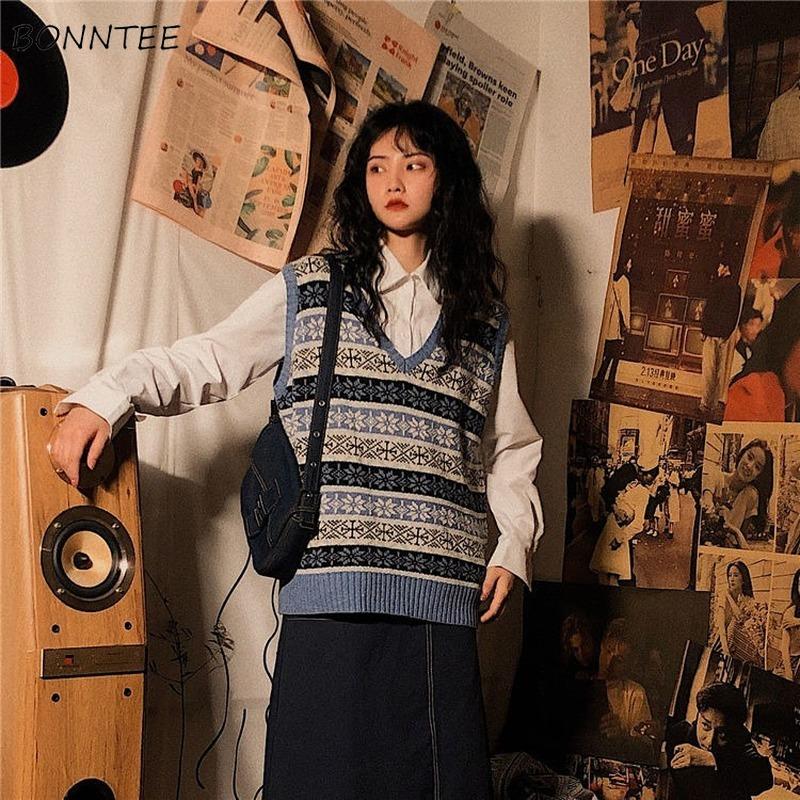 

Women Sweater Vest Autumn New Female Outwear Womens Tops Shrug Print Vintage Retro All-match Casual Preppy Loose Ulzzang Fashion, Sky blue