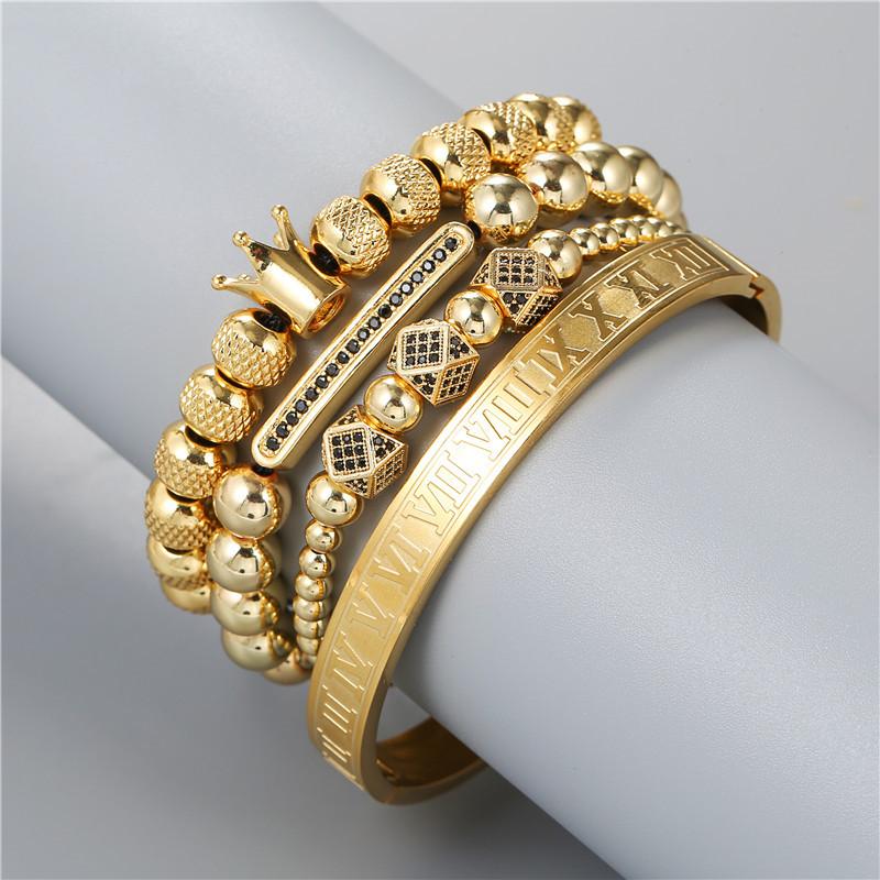 

Bangle 4pcs/set Luxury Roayl Crown Men Bracelet Set Roman Stainless Steel Beads Bangles & Bracelets For Women CZ Copper Jewelry
