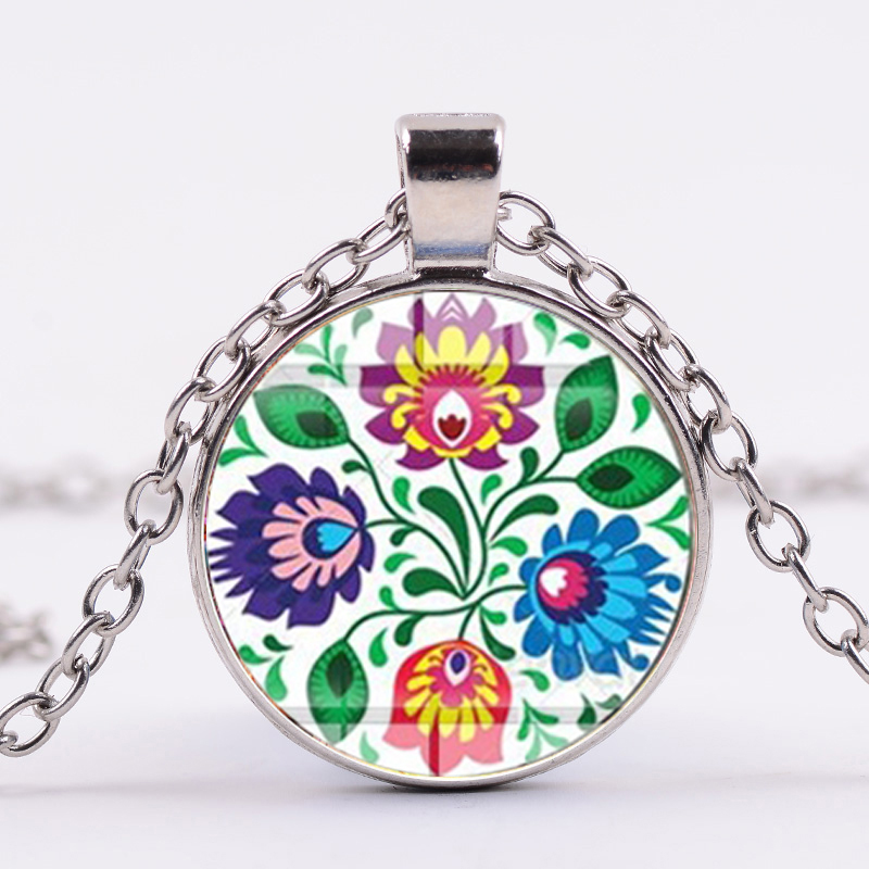 

Polish Folk Art Patterns Flower Necklace Colorful Blossom Print Crystal Handmade Bohemia Jewelry for Women Party Wedding