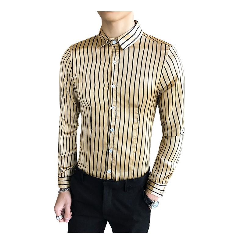 

High Quality Men Dress Shirt Autumn New Long Sleeve Tuxedo Shirt Streetwear Mens Casual Shirts Slim Fit Party Wear Blouse Homme, Khaki striped shirts