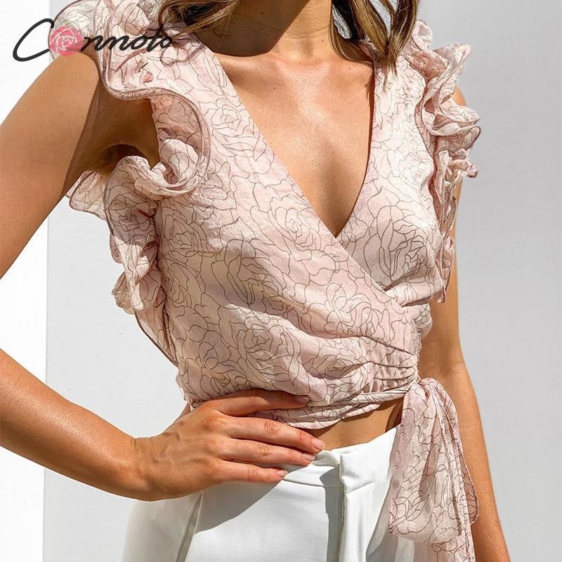 

Conmoto chiffon beach summer ruffles sexy camis women floral pink wrap casual feminino tops ladies short shirts Y200422