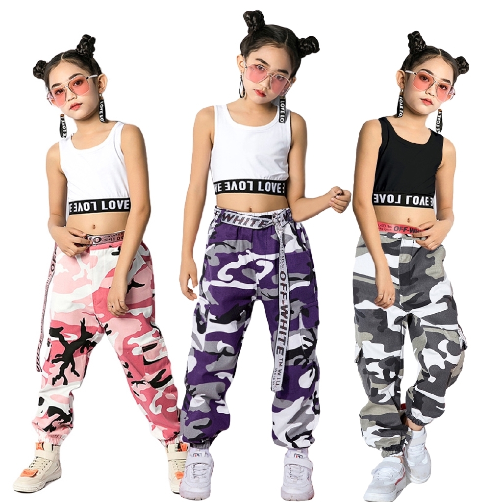

Girls Hip Hop Street Dance Solo Clothes Cropped Tank Top/Camouflage Jogger Pants LJ201019, Red top