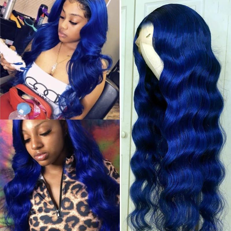 

Dark Blue Color Lace Front Human Hair Wigs For Black Women Peruvian Virgin Hair Body Wave Wigs Transparent Lace Human, Blue colored