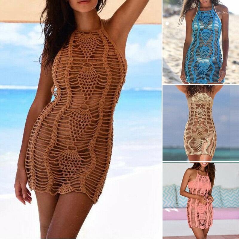 

Women Halter Dress Beach Bikini Cover-Up Swimming Crochet Bandage Backless Beachwear Solid Color Sundress1