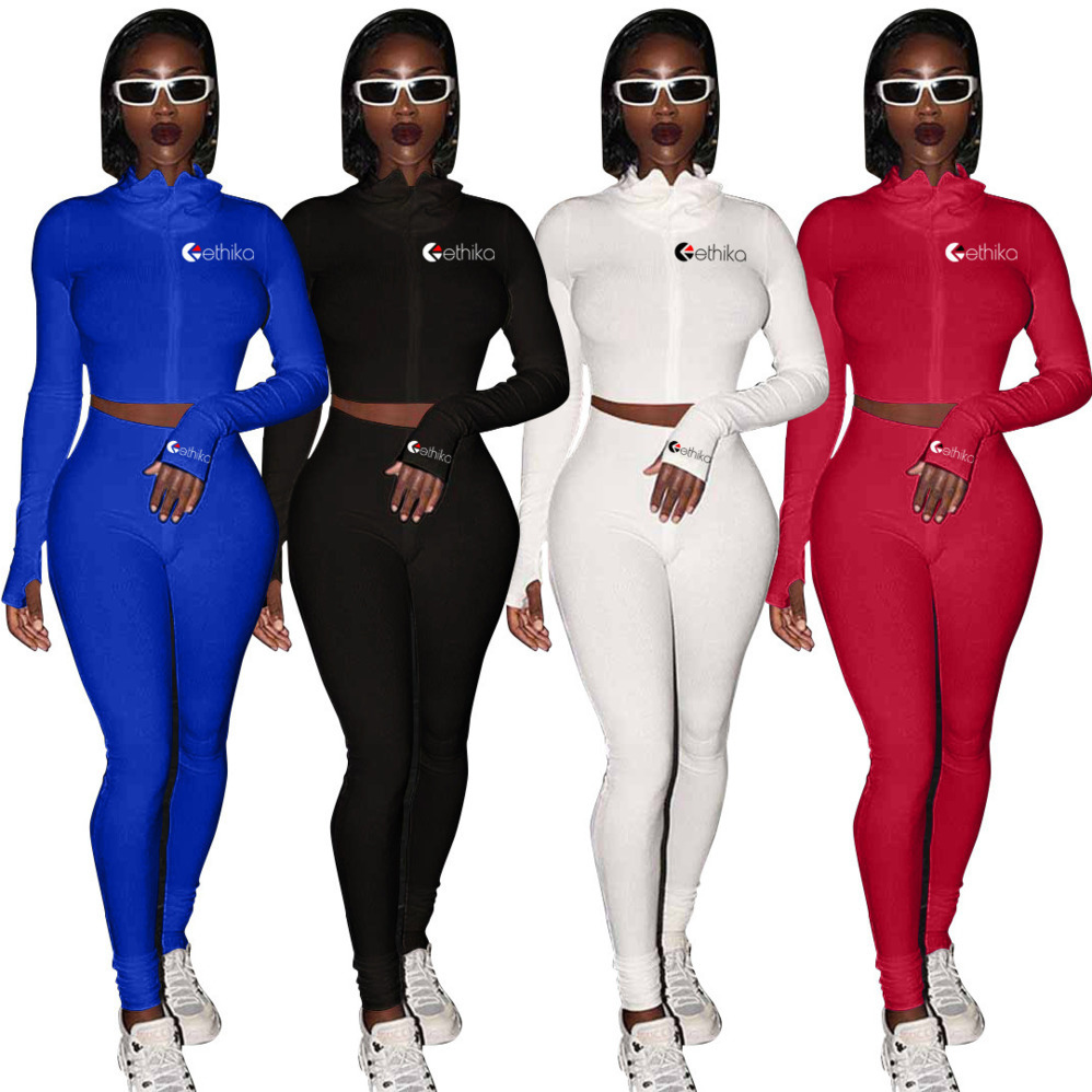 

Ethika women New High Collar Two Piece Suit Women' Letter Embroidery Long Pant Jogger Outfit Set Zipper Casual Suit Female Sweat Suits 2109, White