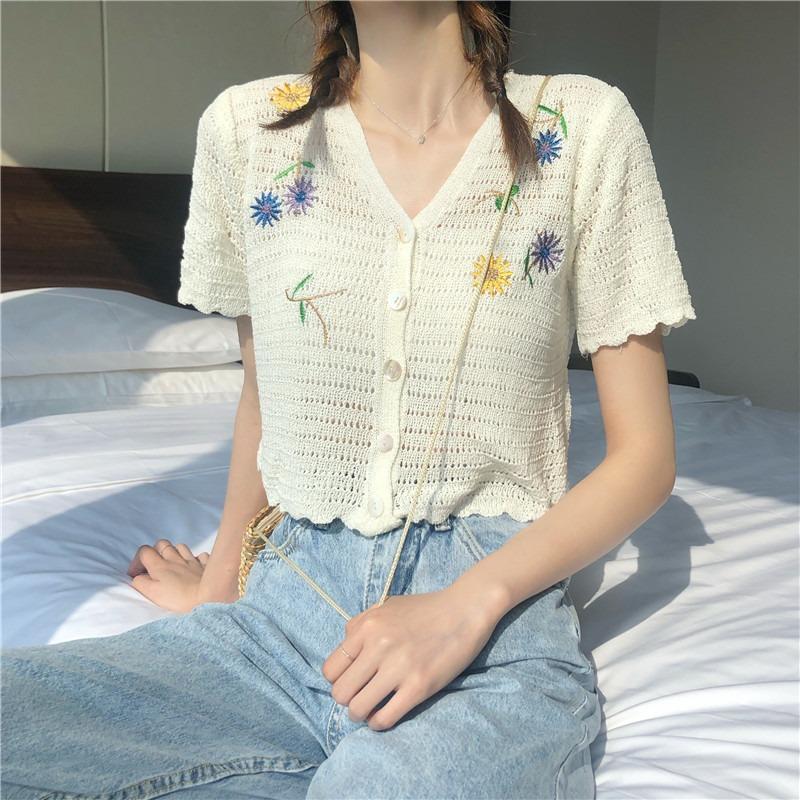 

hollow out V-neck crop Tops Summer Sweater Women sweet Clothes Fashion Brand Ladies Knitted Sweaters floral cardigans thin hot, Beige