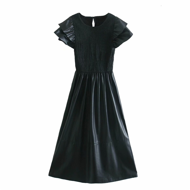 

2021 New Elegantes Vestidos De Couro Falso Moda Senhora Borboleta Manga Streetwear Feminino O-pescoo Vestido Longo Menina 5yzu, Black