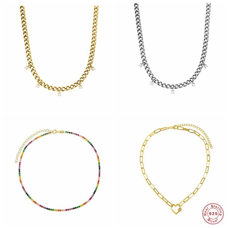 

Other GS 925 Sterling Silver Thick Chain Necklace For Women Colored Zircons Pave Setting Choker Heart Charm Pendant Jewelry