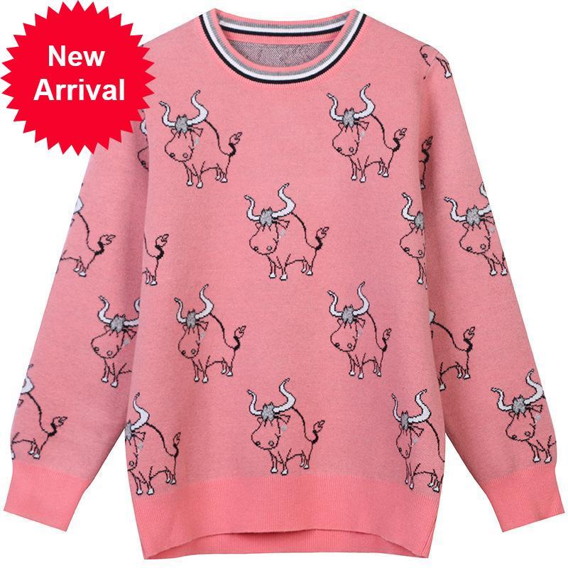 

2021 New Runway New Design Cows Jacquard Women' Jersey Long Sleeve Neck Knitted Casual Fashion Pullovers Comfortable Tops Uh88, Pink