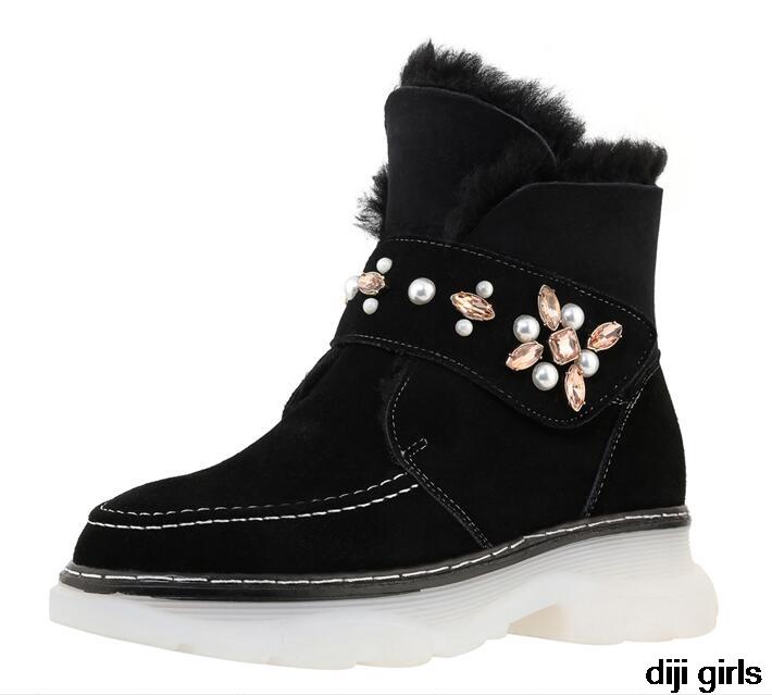 

snow boots women's new winter shoes cow suede pearl rivet decoration keep warm ankle boots women's bottes femme, Black