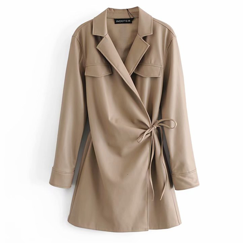 

2021 New Autumn Winter Pu Bandage Women's Pure Faux Leather Ladies Jacket- with Belt Streetwear Vestido Female 4vz9