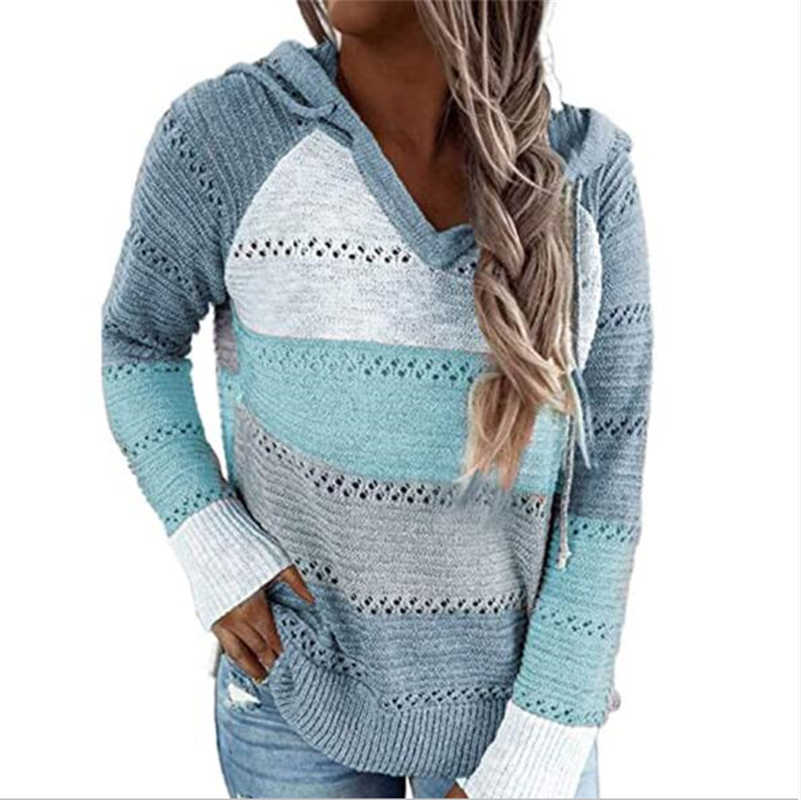 

20 Fall and Winter Women' Long Sleeve Loose Hollow Contrast Color Knitted Sweater Hoodie Variety Colors, Pink