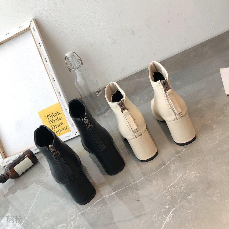 

British Style Boots Women's 2020 New Autumn Thick Heel Ladies Single Boots Wild Square Toe Net Red Short, Black