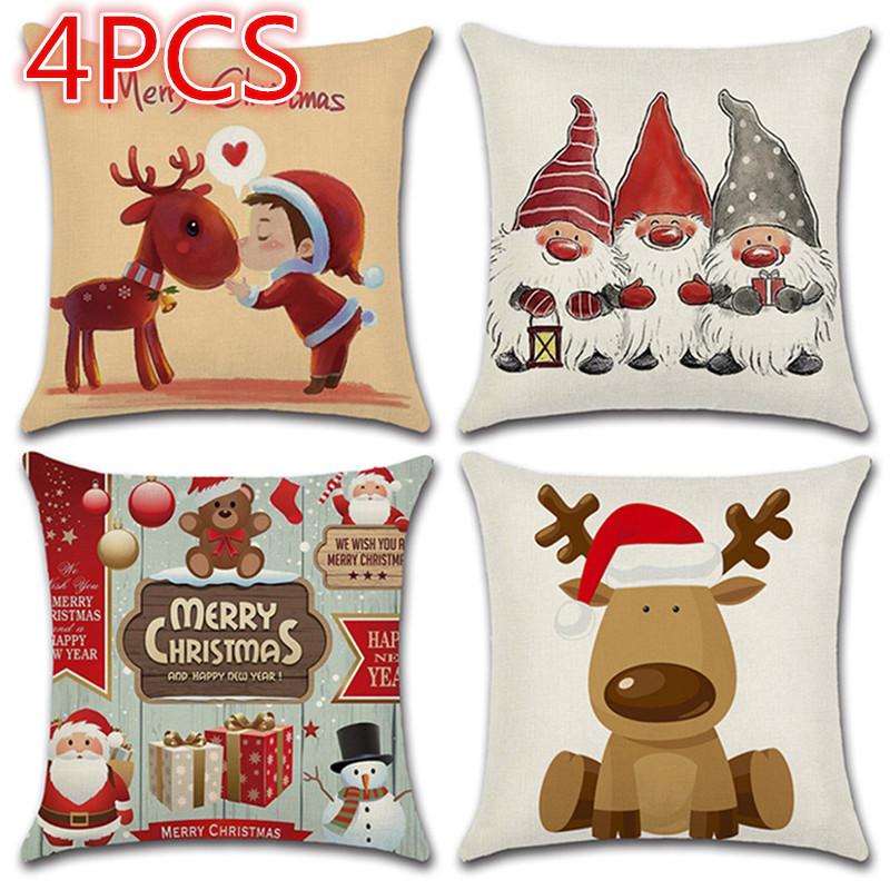 

4pcs New Pillow Case Santa Claus Print Old Man Sofa Bed Home Decor Pillowcase Bedroom Cushion Cover Merry Christmas 45x45 Cm, As pic