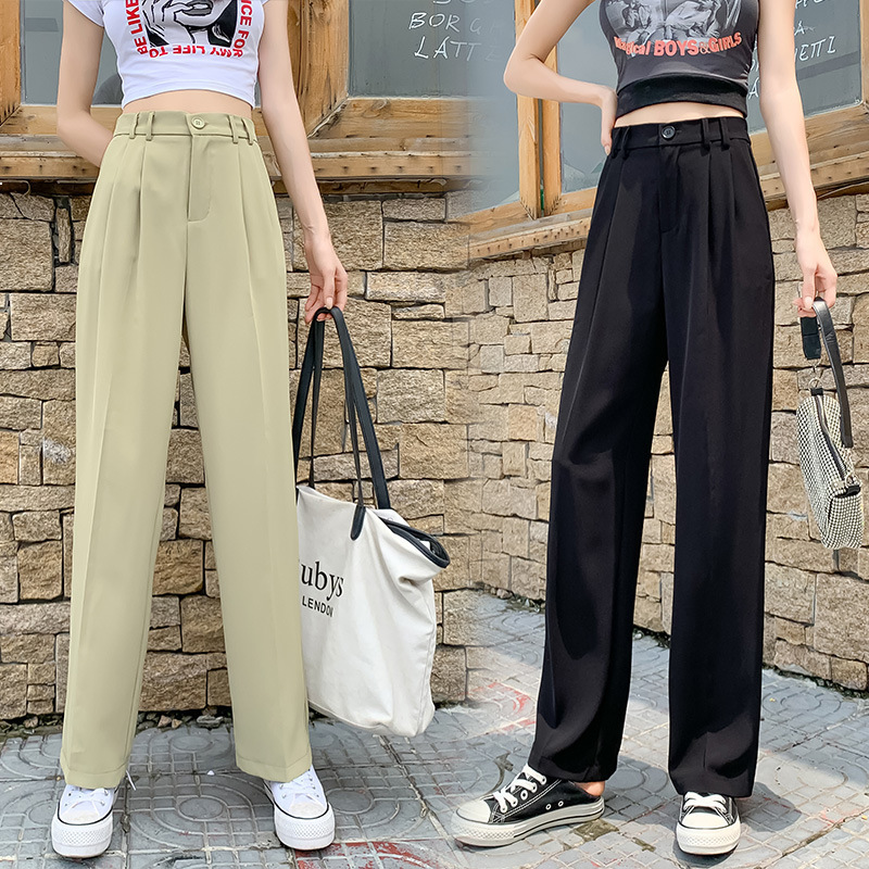 

2021 New Women's Trousers High Waist Suit Long Leg New Spring Vertical Fashion Loose Wild Tube Solid Kt2 Pants P3g8, Green fruit