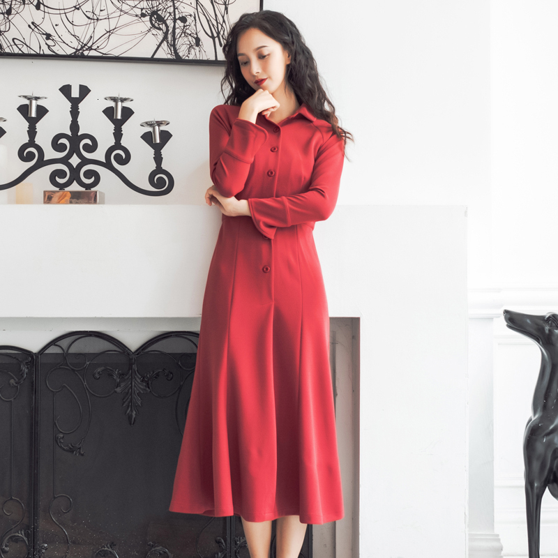 

2021 New Women's Red of the Elegant Vintage Dresses with Sleeves Party Dress Mid-calf Bathrobe Femme Dressed in Fashion J4AF
