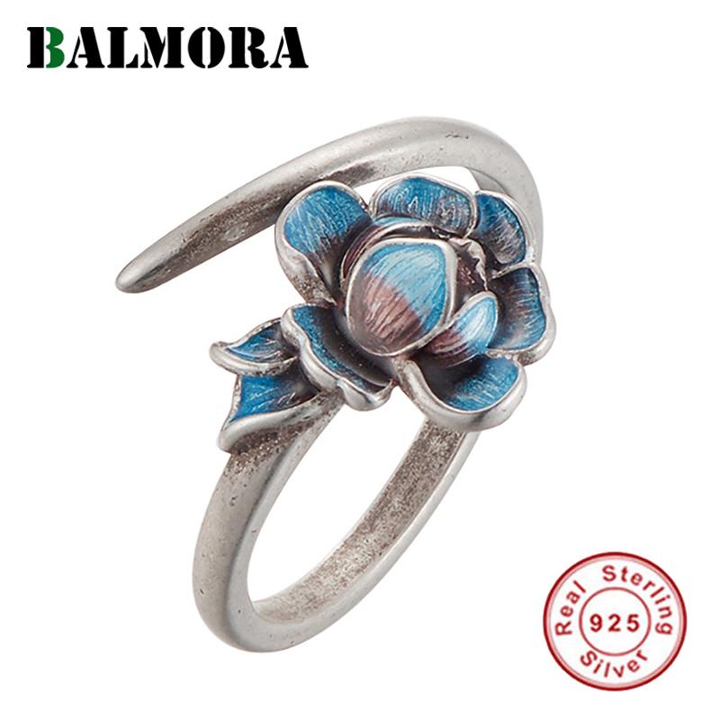 

BALMORA 925 Sterling Silver Retro Lotus Open Stacking Wedding Rings for Women Party Enameling Elegant Fashion Jewelry Anillos