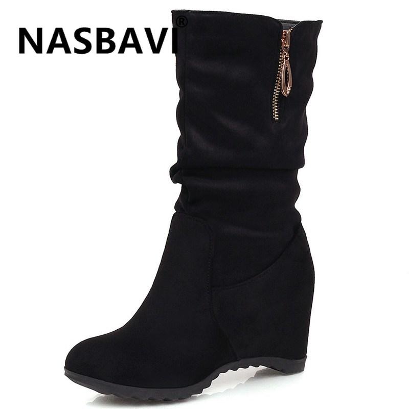 

Winter Boots Women Boots Wedge Mid Calf Women Shoes Black Fashion Shoes suede Leather Round Toe Ladies