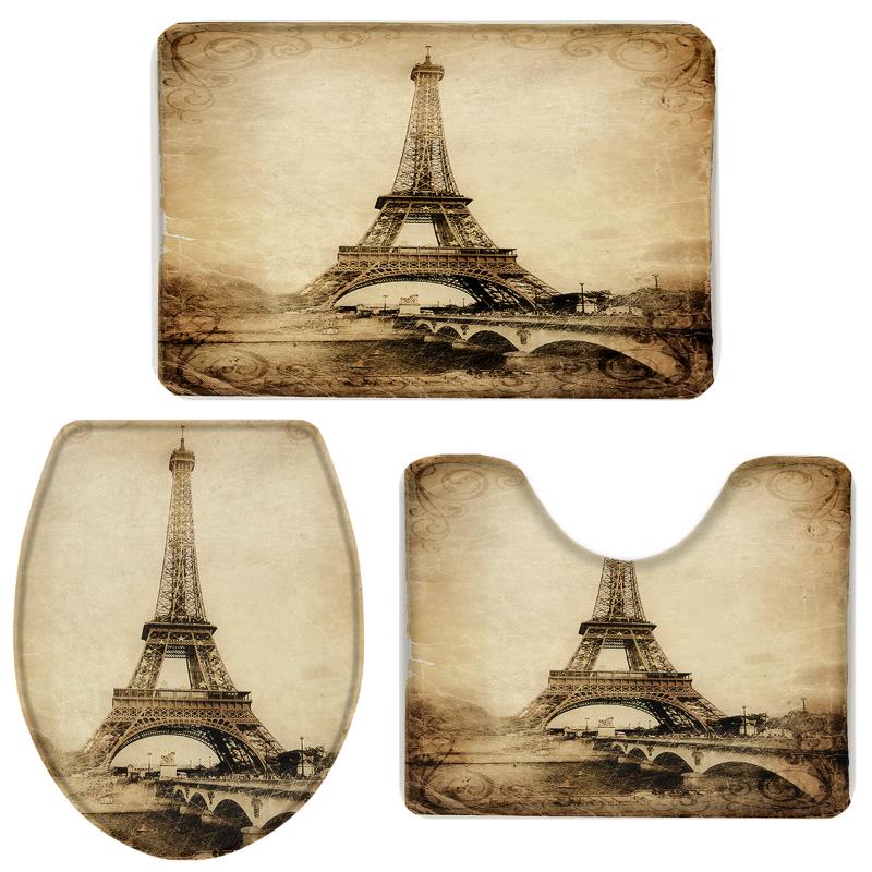 

Nostalgic Eiffel Tower Bathroom Set Toilet Cover Mat Pedestal Rug Non-Slip Bathroom Accessories Set Home Doormat