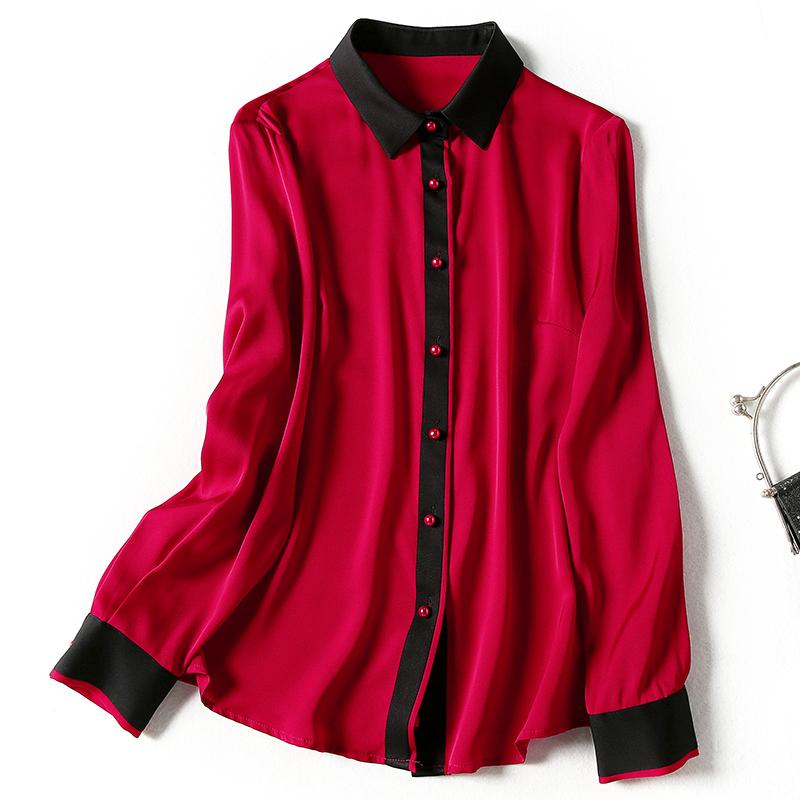 

Spring Autumn Natural Real Silk Women' Casual Shirt Elegant Turn-down Collar Long Sleeve Patchwork Office Lady Satin Blouse, Red