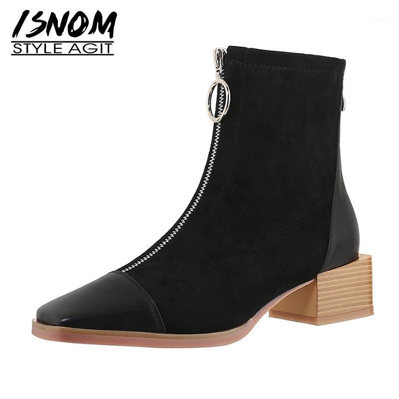 

ISNOM Fashion Ankle Boots Leather Suede Square Toe Short Booties Front Zipper Chunky Heels Women Shoes Woman Boot 20201, Apricot fleeces