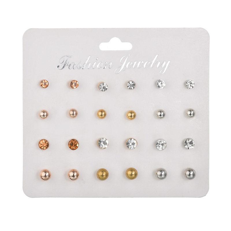 

Stud 12 Pairs/set Earrings Set With Card Transparent Crystal Balls Imitation Pearl Women Female Jewelry