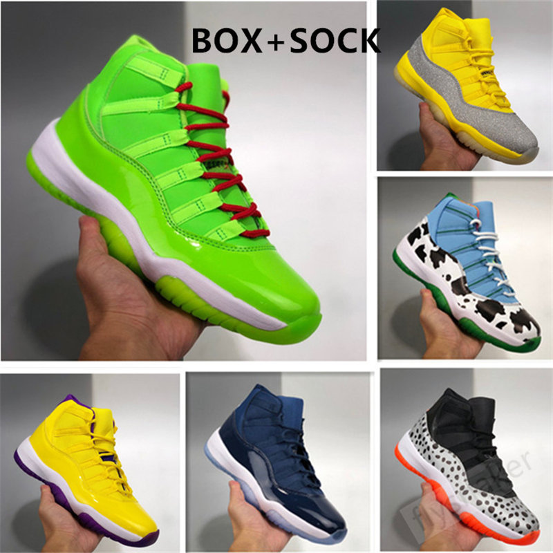 

New 11 11s jumpman Fluorescent Green Dark Blue basketball shoes XI Mens Golden Light Green Athletic Sneakers sport Trainers size 40-47