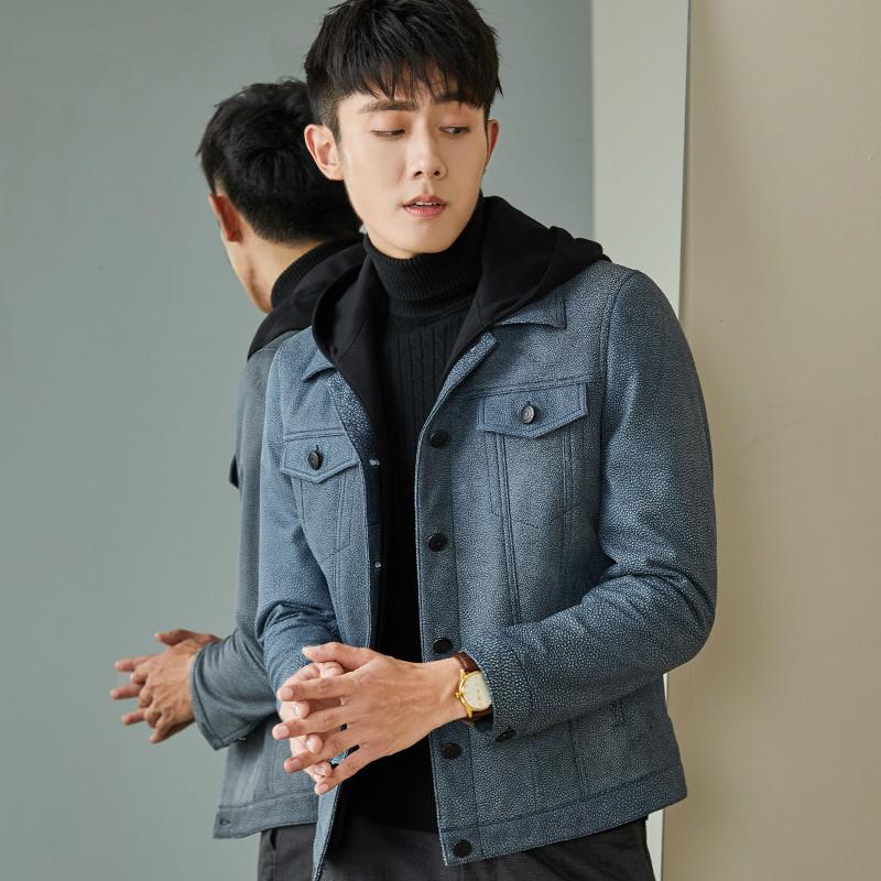 

Genuine Cow Jacket Men Autumn Winter Short Cowhide Leather Jackets Coat Blouson Cuir Homme MG-1807040 KJ1328, Denim blue
