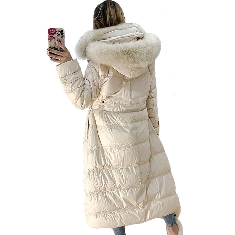 

2020 New Women Down Jacket Winter Warm Parka White Duck Down Thicken With Fur Collar Coat Female Over The Knee Long Overcoat, Black