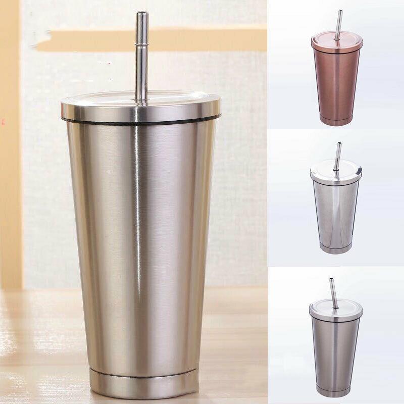 

500ml Stainless Steel Mug Travel Tumbler Coffee Cup With Drinking Straw Portable Coffee Mugs Have Covered Modern Mugs New 2020, Silver