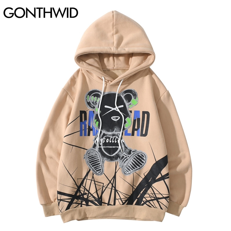 

GONTHWID Hoodies Streetwear Hip Hop Creative Graffiti Bear Print Casual Hooded Sweatshirts Fashion Harajuku Tops Coats Outwear 201113, White