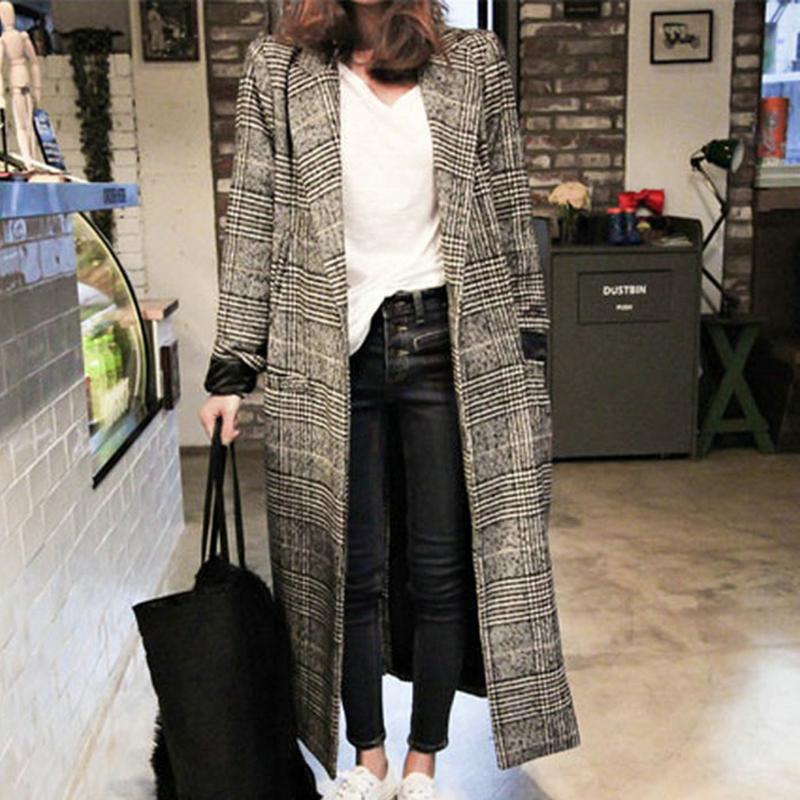 

SAGACE High quality Elegant Women Korean Office Lady Long Plaid Coat Loose ladies large size loose plaid padded pocket wool coat, Gray