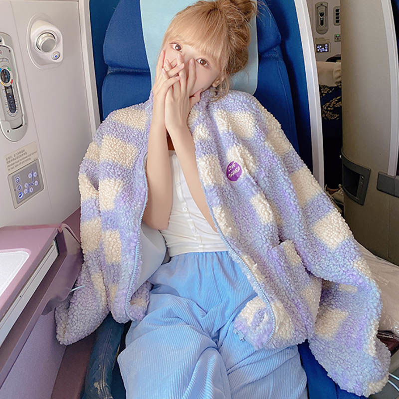 

2021 Plaid Sweet Furl Coat Warm Winter Trend Coats and Jakets Loose Japanese Style Kawaii Korean Overcoat Women New Uxqz, Purple