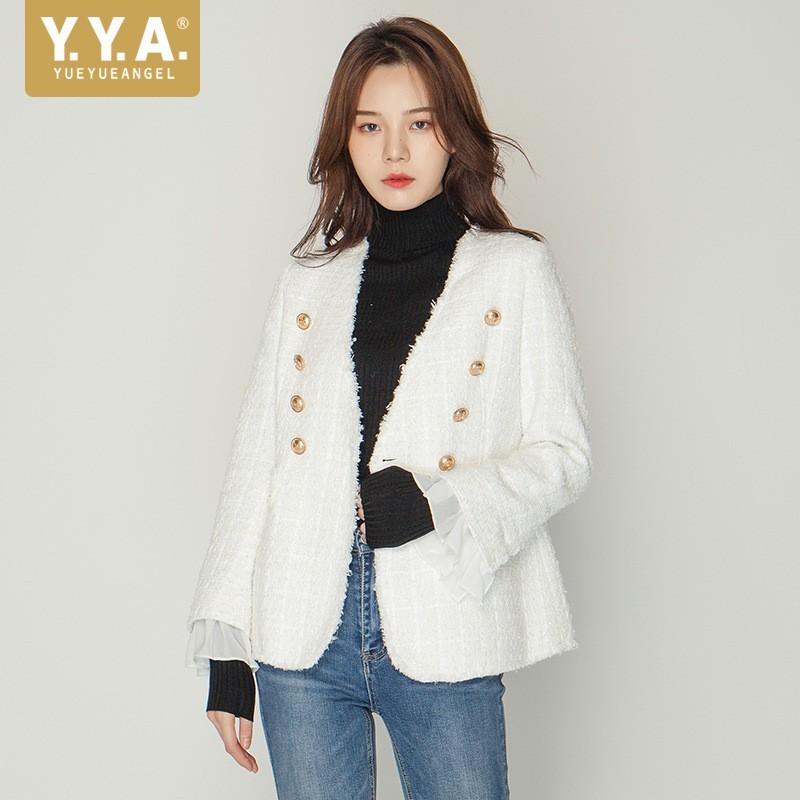 

Office Ladies Long Sleeve Chic Ruffles Cuff Tweed Tassel Blazers Fashion V-Neck Double Breasted Slim Fit Female Outerwear Coats, White