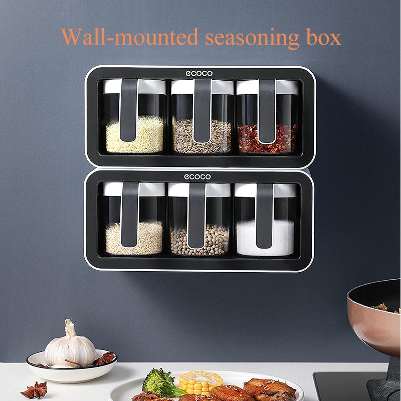 

Wall Mount Spice Rack Organizer Sugar Bowl Salt Shaker Seasoning Container Spice Boxes With Spoons Kitchen Supplies Storage Set