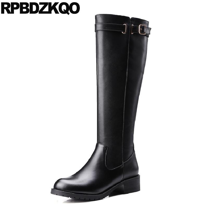 

Black Brand Women Winter Boots Genuine Leather Low Heel Round Toe Shoes Riding 2020 Chunky Equestrian Knee High Luxury Fur Long