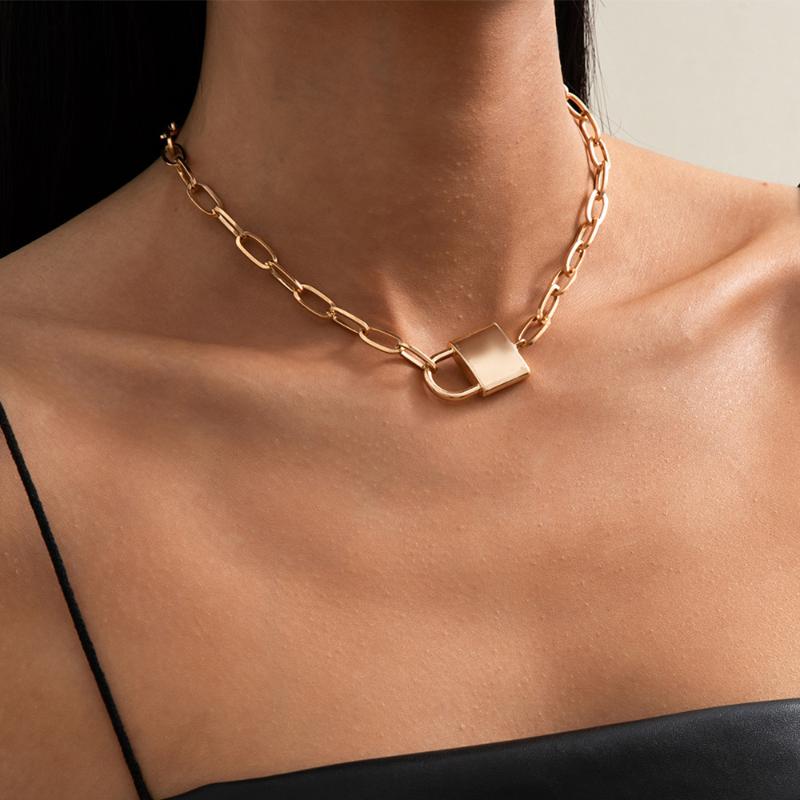 

Lacteo 2 Style Simple Minimalist Lock Pendant Necklace For Women HipHop Cross Aluminum Chain Choker Necklace Jewelry Accessories