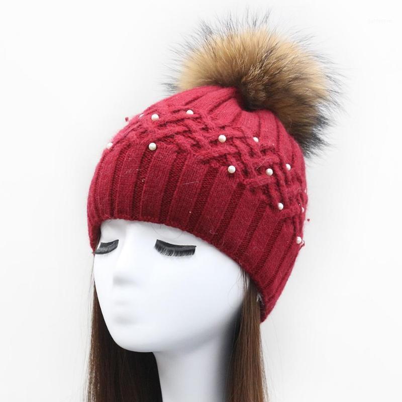 

30% wool winter ladies fashion knitted bennie hat with pearls thick warm casual wholesale women real Raccoon fur pompom hat cap1, White