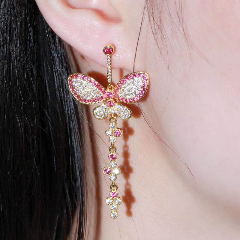 

CWWZircons Luxury Micro Pave CZ Ruby Red Topaz Cute Silver Long Big Butterfly Dangle Earrings for Women Party Wedding Gift CZ763