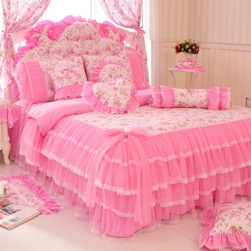 

Korean style pink Lace bedspread bedding set king queen 4pcs princess duvet cover bed skirts bedclothes cotton home textile 201209