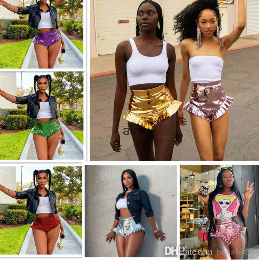 

Womens Pleated Side Bling Letter Shorts Fashion Summer High Waist Scrunch Buft Mini Pants Sexy V-shaped PU Leather Mini Pants With Auricular, Gold