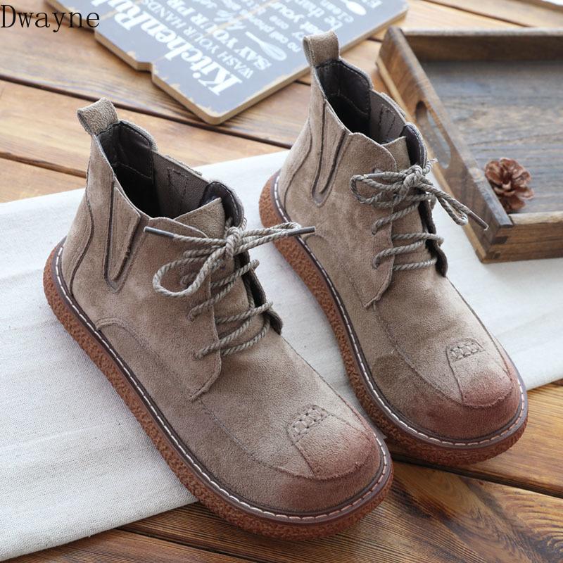 

Ladies Boots Mori Literary Casual Womens Boots Lace-Up Round Head Handmade Short Thick-Sole Retro Flock Ankle, Gray