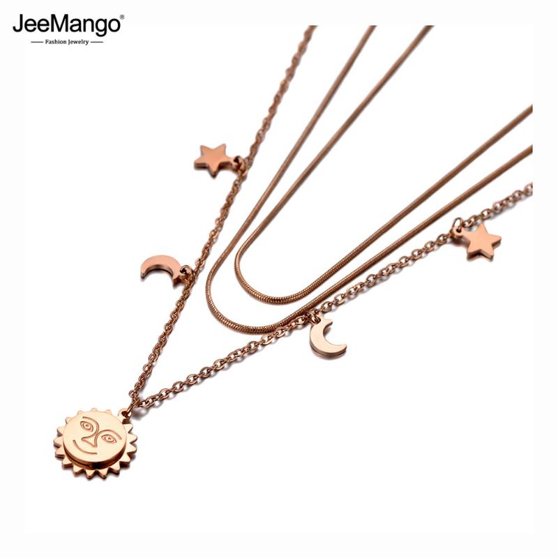 

Chokers JeeMango Bohemia Stainless Steel Three-layer Sun Star Moon Choker Necklaces Pendant Chain & Link Necklace For Women Girl JN20016