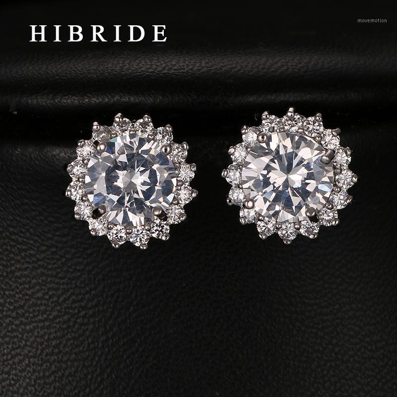 

Luxury Sun Flower Shape Cubic Zircon Earrings Round Pear Cut White Gold Color Stud Earrings For Women Gifts HIBRIDE E-2411