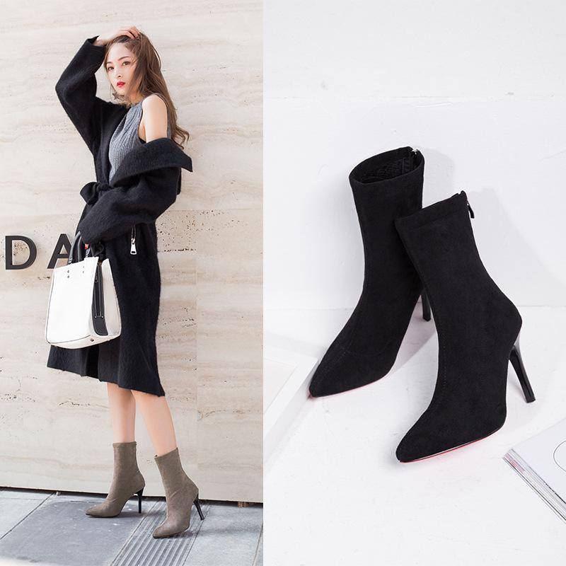 

Mid boot women's high heel shoes autumn winter Korean version versatile pointed black thin leg elastic boots slim