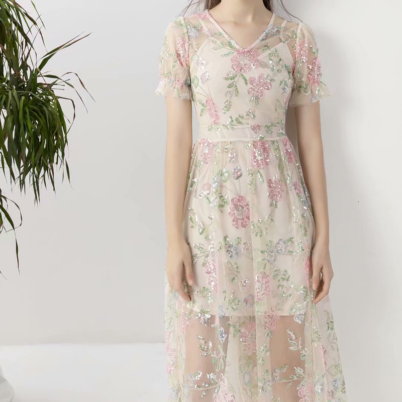 

2021 Spring Track New Sequins Flower Sexy Party Middle Tulle Length Dress Short Sleeve Women High Quality Clothes Gn14, Multiple