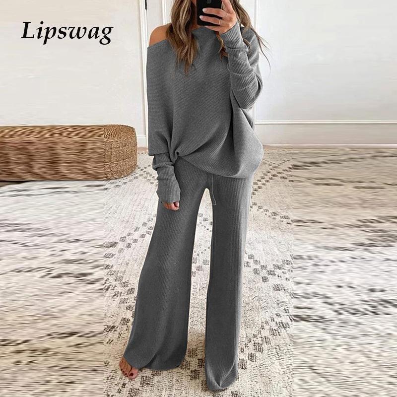 

Casual Women Solid Color Elegant Two Piece Sets Winter Elegant O-Neck Pullover Tops And Loose Pants Suits Female Rib Streetwear, Khaki