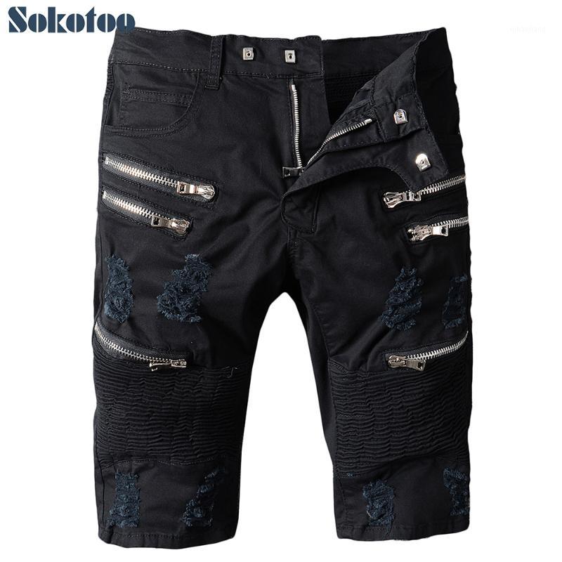 

Sokotoo Men's summer black zippers holes ripped biker jeans Knee length stretch denim shorts1