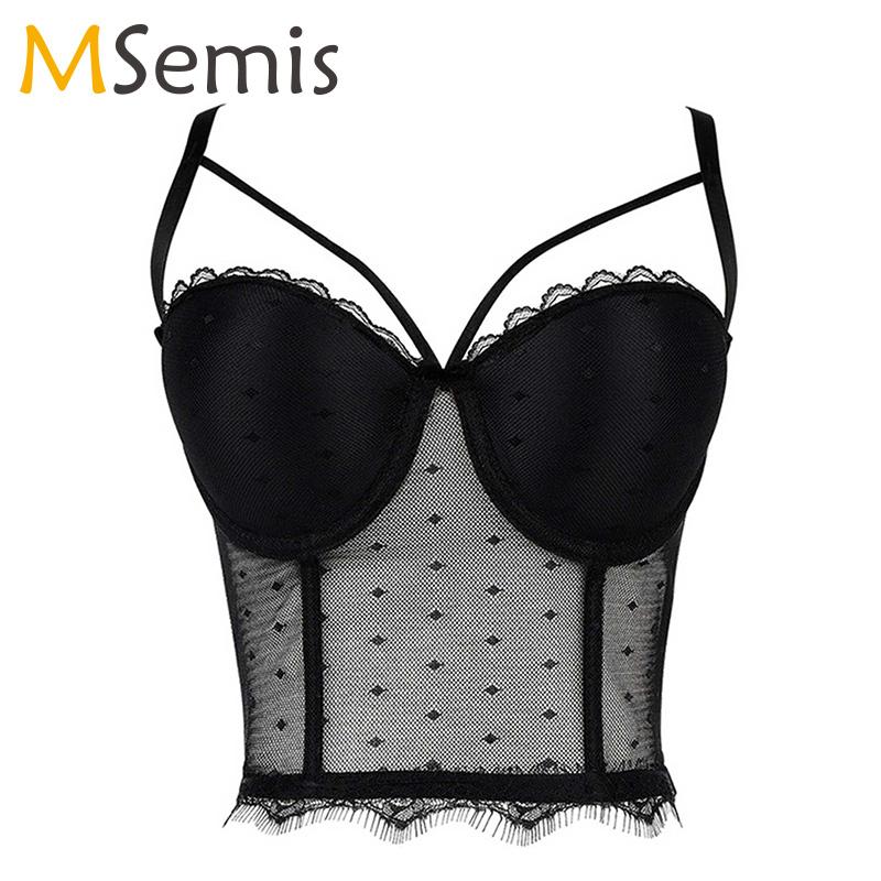 

Sexy Women Lingerie Mesh Lace Trim Dotted Bustier Tops Adjustable Straps Underwired Padded Push Up Bra Femme Underwear Clubwear, White