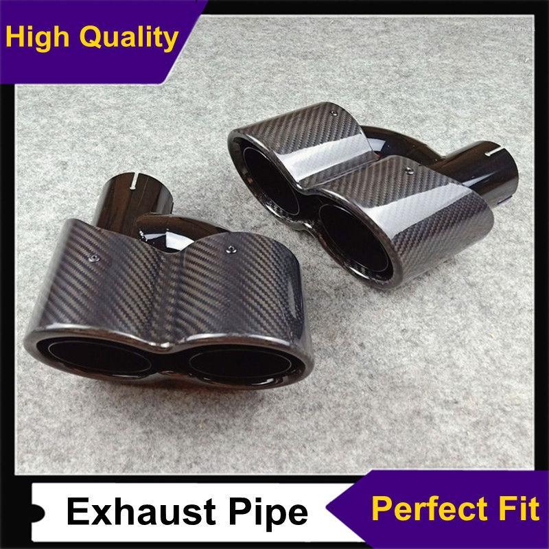 

Pair New Siamese Double Glossy Black Stainless Steel Exhaust End Pipe Auto H Style Glossy Carbon Car Back Tips1